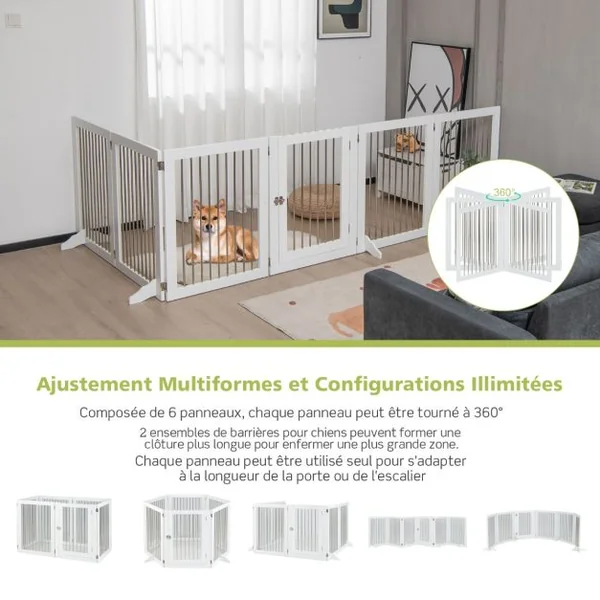 Barrière de Sécurité pour Chien à 6 Panneaux en Acier Inoxydable Parc Pliable de 366CM de Large avec Porte Verrouillable Blanc