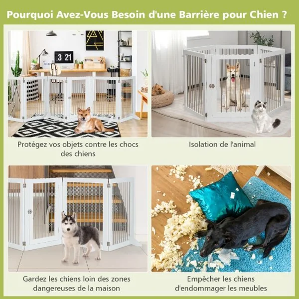 Barrière de Sécurité pour Chien à 6 Panneaux en Acier Inoxydable Parc Pliable de 366CM de Large avec Porte Verrouillable Blanc