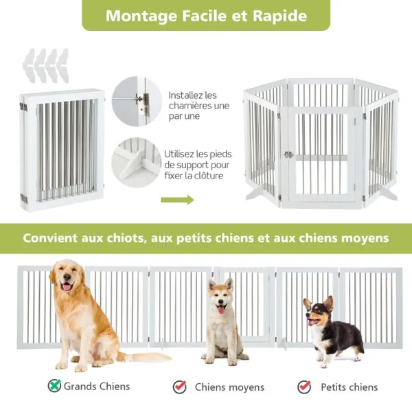 Barrière de Sécurité pour Chien à 6 Panneaux en Acier Inoxydable Parc Pliable de 366CM de Large avec Porte Verrouillable Blanc