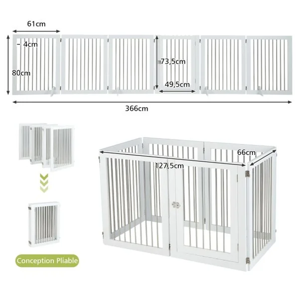 Barrière de Sécurité pour Chien à 6 Panneaux en Acier Inoxydable Parc Pliable de 366CM de Large avec Porte Verrouillable Blanc