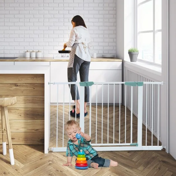 Barrière de Sécurité à Passage avec Extensions 80-120 Cm de Large 75 Cm de Hauteur à Fermeture Automatique Par Pression Blanc