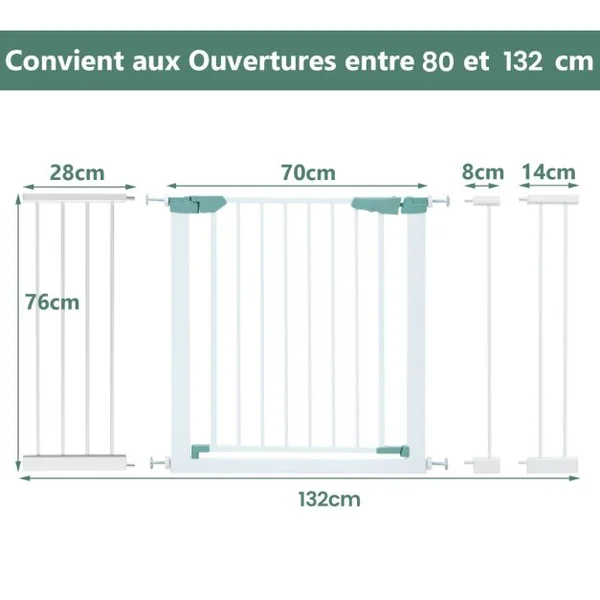 Barrière de Sécurité à Passage avec Extensions 80-120 Cm de Large 75 Cm de Hauteur à Fermeture Automatique Par Pression Blanc
