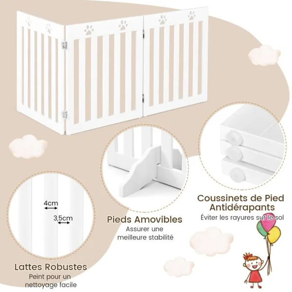 Barrière Pliable pour Animaux à 3 Panneaux Clôture de Sécurité Autoportante pour Animaux 2 Pieds Amovibles pour Escalier Porte et Cuisine Blanc
