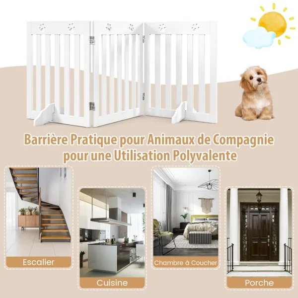 Barrière Pliable pour Animaux à 3 Panneaux Clôture de Sécurité Autoportante pour Animaux 2 Pieds Amovibles pour Escalier Porte et Cuisine Blanc