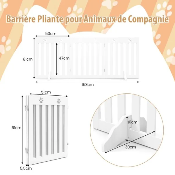 Barrière Pliable pour Animaux à 3 Panneaux Clôture de Sécurité Autoportante pour Animaux 2 Pieds Amovibles pour Escalier Porte et Cuisine Blanc