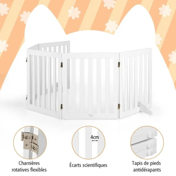 Barrière pour Animaux de Compagnie de 60cm avec 2/3 Panneaux Extensibles Clôture en Bois Autoportante avec 2 Pieds Adapté aux Escaliers Blanc