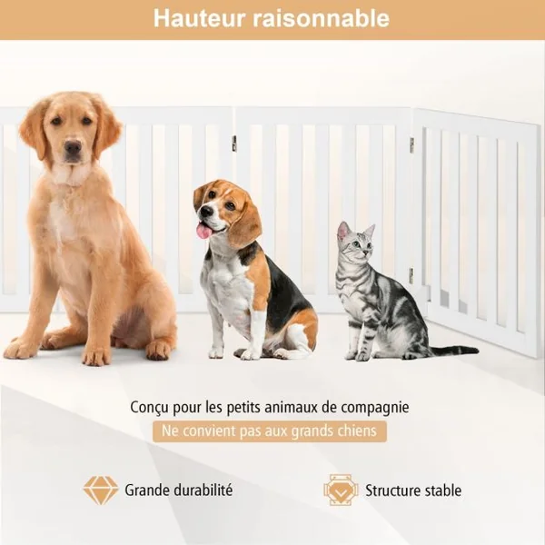 Barrière pour Animaux de Compagnie de 60cm avec 2/3 Panneaux Extensibles Clôture en Bois Autoportante avec 2 Pieds Adapté aux Escaliers Blanc
