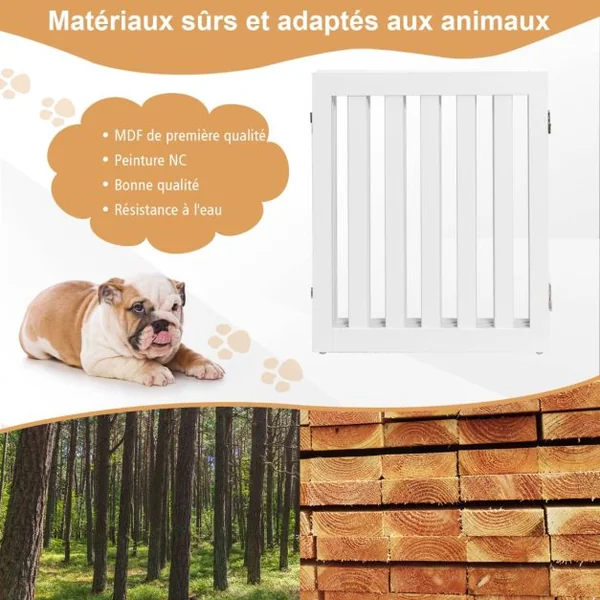 Barrière pour Animaux de Compagnie de 60cm avec 2/3 Panneaux Extensibles Clôture en Bois Autoportante avec 2 Pieds Adapté aux Escaliers Blanc