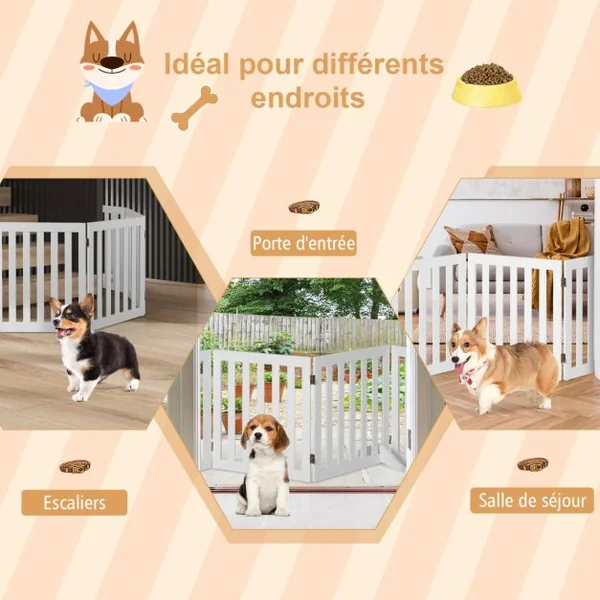 Barrière pour Animaux de Compagnie de 60cm avec 2/3 Panneaux Extensibles Clôture en Bois Autoportante avec 2 Pieds Adapté aux Escaliers Blanc