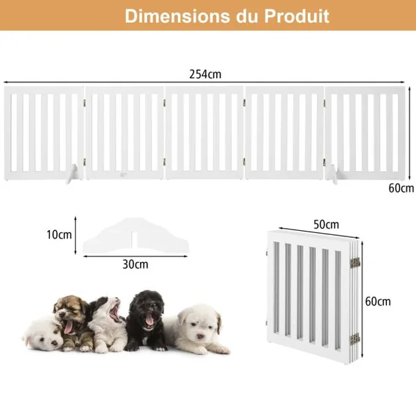 Barrière pour Animaux de Compagnie de 60cm avec 2/3 Panneaux Extensibles Clôture en Bois Autoportante avec 2 Pieds Adapté aux Escaliers Blanc