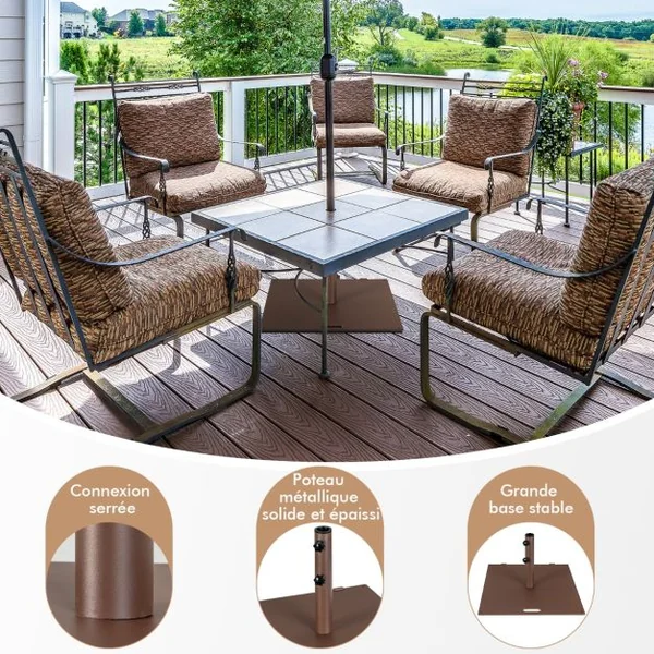 Base de parasol 22,5 kg Support de Parasol Carré Extérieur 60 cm avec Adaptateurs 4cm/5cm 2 Boutons de Serrage 2 Roues Intégrées
