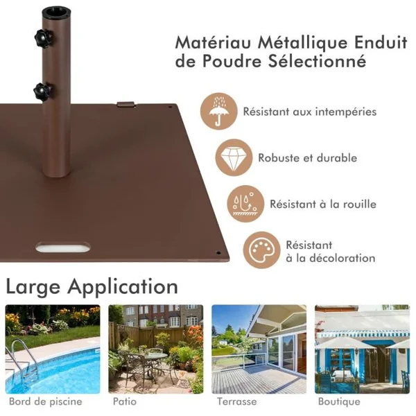 Base de parasol 22,5 kg Support de Parasol Carré Extérieur 60 cm avec Adaptateurs 4cm/5cm 2 Boutons de Serrage 2 Roues Intégrées