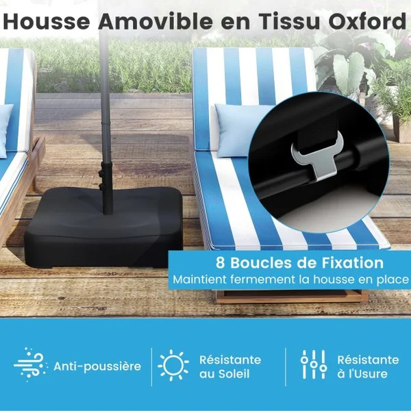 Base de Parasol de Patio 90 kg Sacs de Sable Support de Parasol Extérieur Couvercle Toutes Saisons 2 Boutons de Serrage et 1 Adaptateur