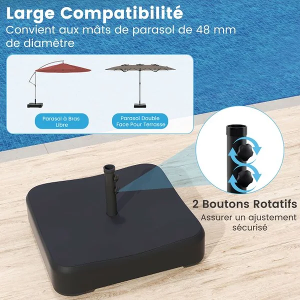 Base de Parasol de Patio 90 kg Sacs de Sable Support de Parasol Extérieur Couvercle Toutes Saisons 2 Boutons de Serrage et 1 Adaptateur