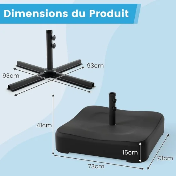 Base de Parasol de Patio 90 kg Sacs de Sable Support de Parasol Extérieur Couvercle Toutes Saisons 2 Boutons de Serrage et 1 Adaptateur