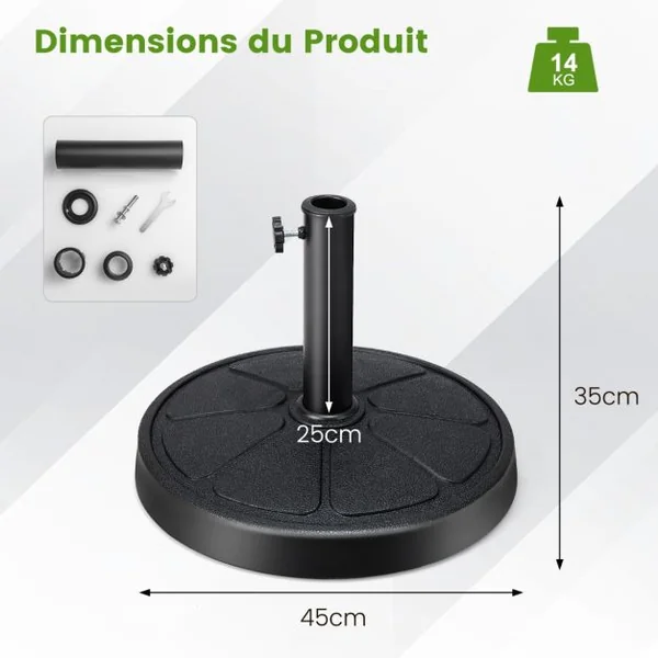 Base de Parasol D'Extérieur 14 kg Support de Parasol Rond Diamètre 45 cm S'Ddapte aux Poteaux de Parasol 38/48 mm