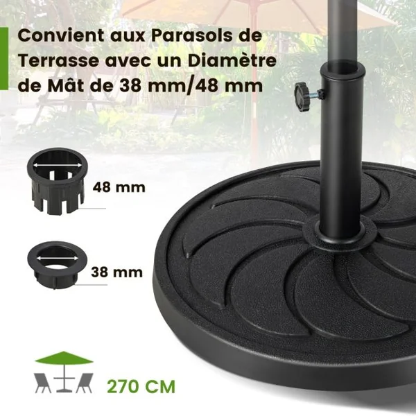 Base de Parasol D'Extérieur 18 kg Support de Parasol Rond Diamètre 54 cm S'Adapte aux Poteaux de Parasol 38/48 mm