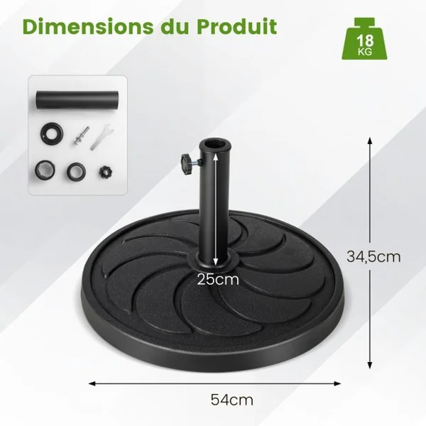 Base de Parasol D'Extérieur 18 kg Support de Parasol Rond Diamètre 54 cm S'Adapte aux Poteaux de Parasol 38/48 mm