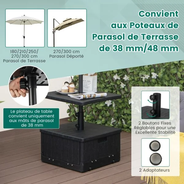 Base de Parasol Remplissable de 80 Kg Plateau de Table Sac à Lester Roues Poignée Table Basse 3 en 1 Support de Parasol