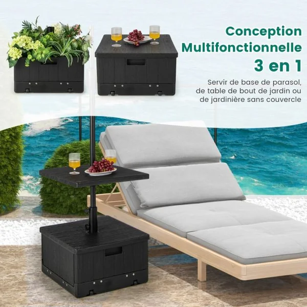 Base de Parasol Remplissable de 80 Kg Plateau de Table Sac à Lester Roues Poignée Table Basse 3 en 1 Support de Parasol