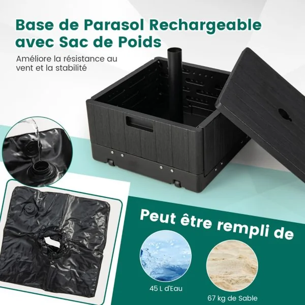 Base de Parasol Remplissable de 80 Kg Plateau de Table Sac à Lester Roues Poignée Table Basse 3 en 1 Support de Parasol