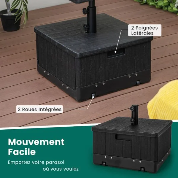 Base de Parasol Remplissable de 80 Kg Plateau de Table Sac à Lester Roues Poignée Table Basse 3 en 1 Support de Parasol