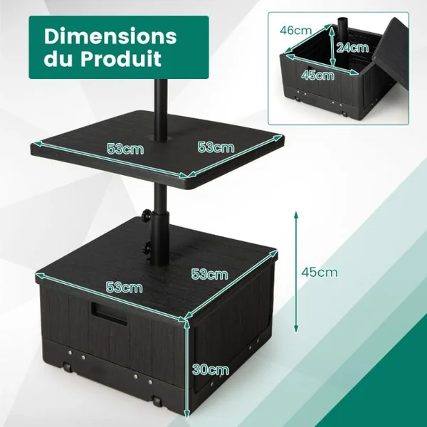 Base de Parasol Remplissable de 80 Kg Plateau de Table Sac à Lester Roues Poignée Table Basse 3 en 1 Support de Parasol