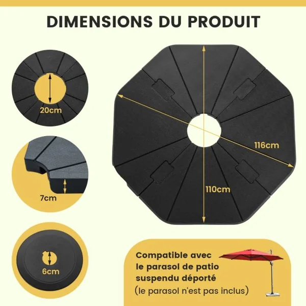 Base de Parasol Remplissable à 4 Plaques Base pour Parasol Déporté Base Carrée Robuste Remplissable avec de l'Eau/Sable Capacité 94 kg
