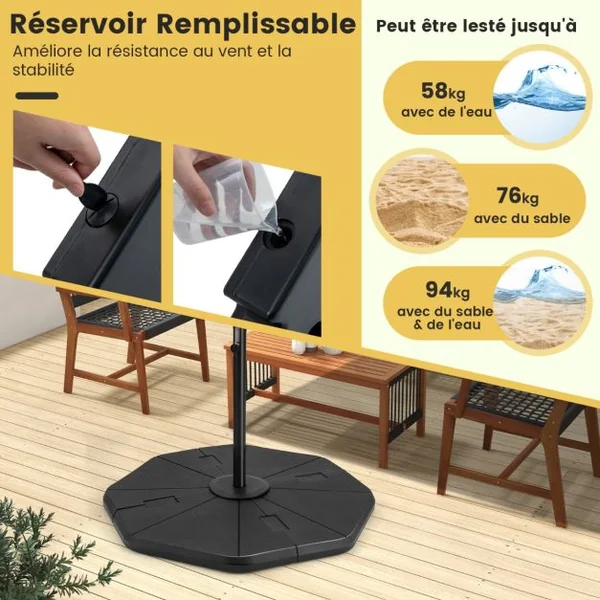 Base de Parasol Remplissable à 4 Plaques Base pour Parasol Déporté Base Carrée Robuste Remplissable avec de l'Eau/Sable Capacité 94 kg