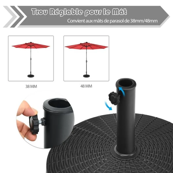 Base de Parasol Ronde de 22 Kg Support de Parasol d'Extérieur en Résine avec Design en Rotin Bouton Réglable Résistance à L'eau