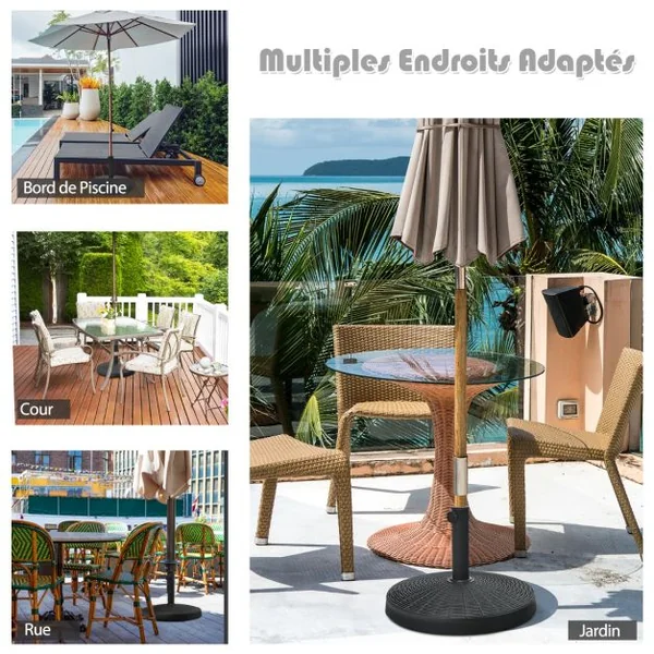 Base de Parasol Ronde de 22 Kg Support de Parasol d'Extérieur en Résine avec Design en Rotin Bouton Réglable Résistance à L'eau