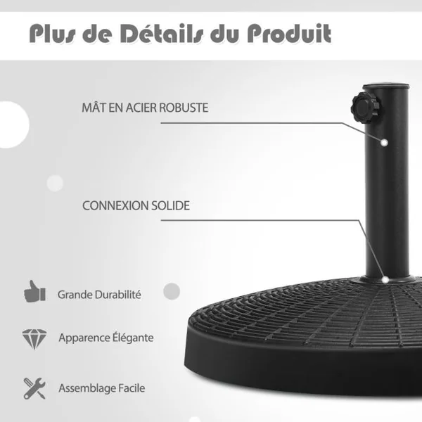 Base de Parasol Ronde de 22 Kg Support de Parasol d'Extérieur en Résine avec Design en Rotin Bouton Réglable Résistance à L'eau
