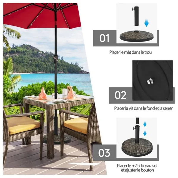 Base de Parasol Ronde en Résine de 12 Kg Support de Parasol d'Extérieur Robuste avec Bouton Réglable Résistante à Toutes Saisons