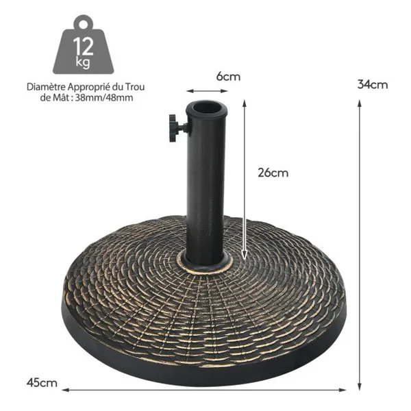 Base de Parasol Ronde en Résine de 12 Kg Support de Parasol d'Extérieur Robuste avec Bouton Réglable Résistante à Toutes Saisons
