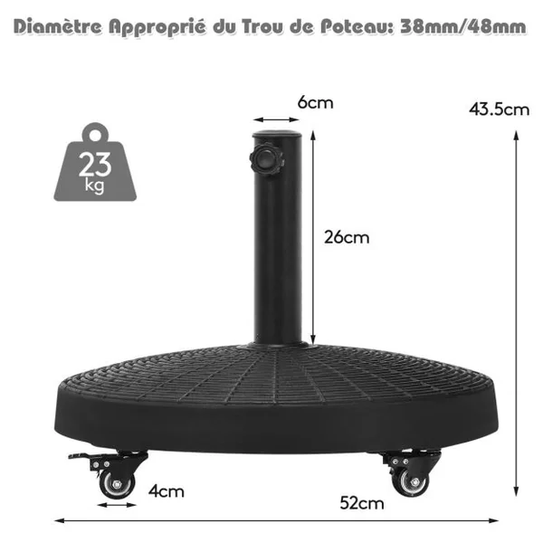 Base de Parasol sur Roulettes en Résine 23 Kg Support de Parasol d'Extérieur en Rotin avec Roues Verrouillables Résistance à Décoloration