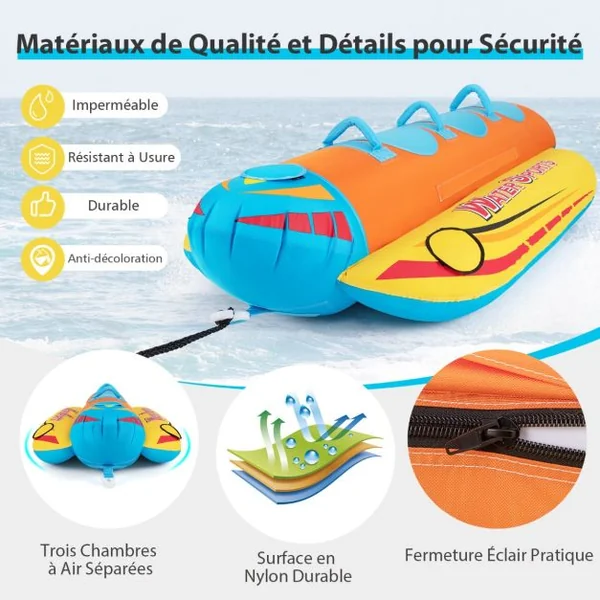 Bateau Banane Gonflable pour 1 à 3 Passagers Charge 231KG Flotteur Gonflable Remorquable avec 3 Sièges et Poignées Rembourrés en EVA