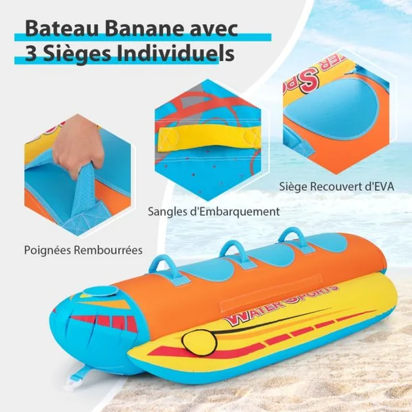 Bateau Banane Gonflable pour 1 à 3 Passagers Charge 231KG Flotteur Gonflable Remorquable avec 3 Sièges et Poignées Rembourrés en EVA