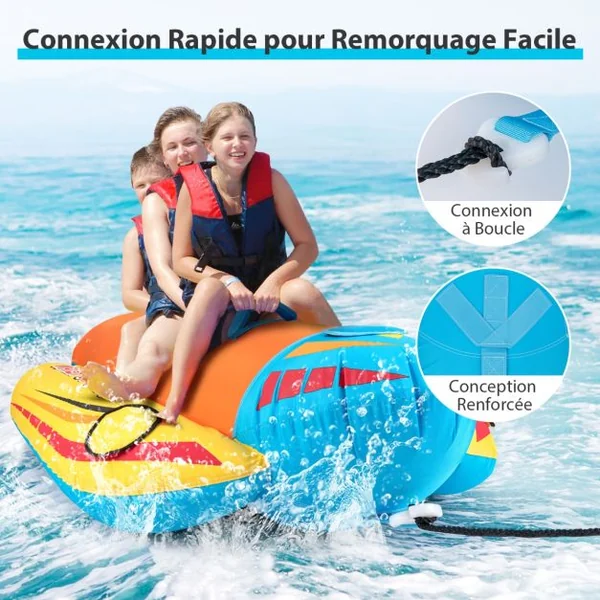 Bateau Banane Gonflable pour 1 à 3 Passagers Charge 231KG Flotteur Gonflable Remorquable avec 3 Sièges et Poignées Rembourrés en EVA