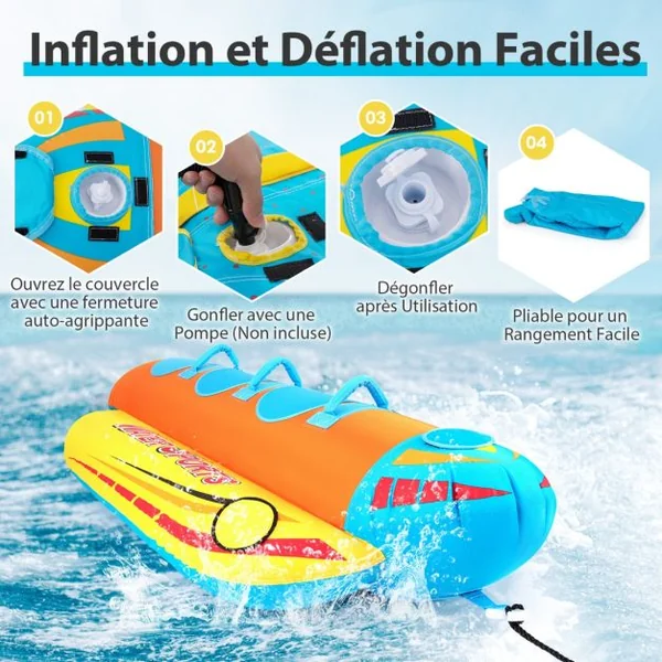 Bateau Banane Gonflable pour 1 à 3 Passagers Charge 231KG Flotteur Gonflable Remorquable avec 3 Sièges et Poignées Rembourrés en EVA