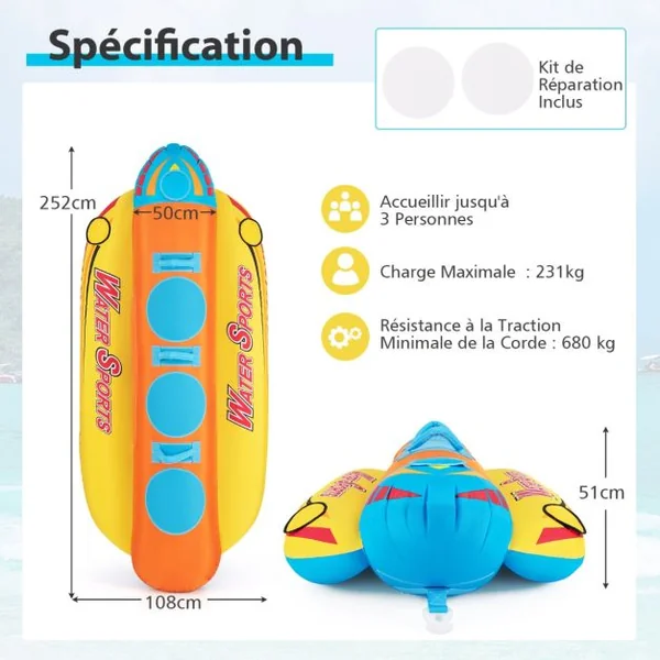 Bateau Banane Gonflable pour 1 à 3 Passagers Charge 231KG Flotteur Gonflable Remorquable avec 3 Sièges et Poignées Rembourrés en EVA