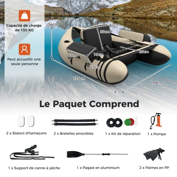Bateau de Pêche Gonflable avec Bretelles Réglables Palmes Pagaies en Aluminium Poches de Rangement Charge 150 KG Camouflage/Beige/Gris/Vert