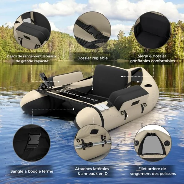 Bateau de Pêche Gonflable avec Bretelles Réglables Palmes Pagaies en Aluminium Poches de Rangement Charge 150 KG Camouflage/Beige/Gris/Vert
