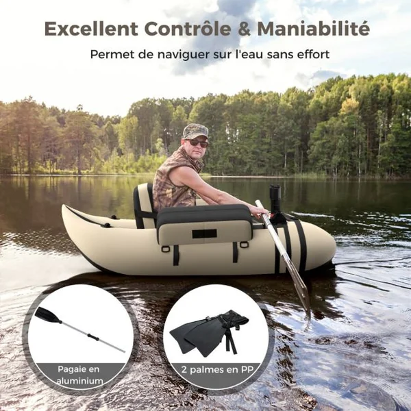 Bateau de Pêche Gonflable avec Bretelles Réglables Palmes Pagaies en Aluminium Poches de Rangement Charge 150 KG Camouflage/Beige/Gris/Vert