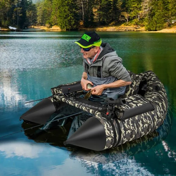 Bateau de Pêche Gonflable avec Dossier Pagaie&Règle à Poisson Support de Canne Poches de Rangement Palmes 150 KG Camouflage