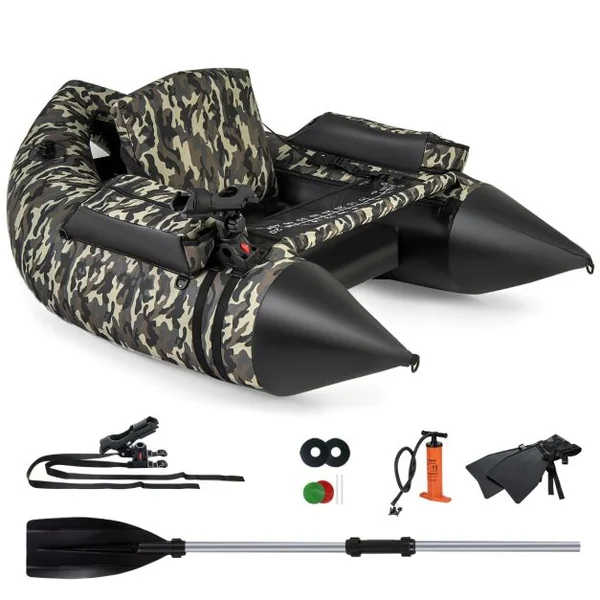 Bateau de Pêche Gonflable avec Dossier Pagaie&Règle à Poisson Support de Canne Poches de Rangement Palmes 150 KG Camouflage