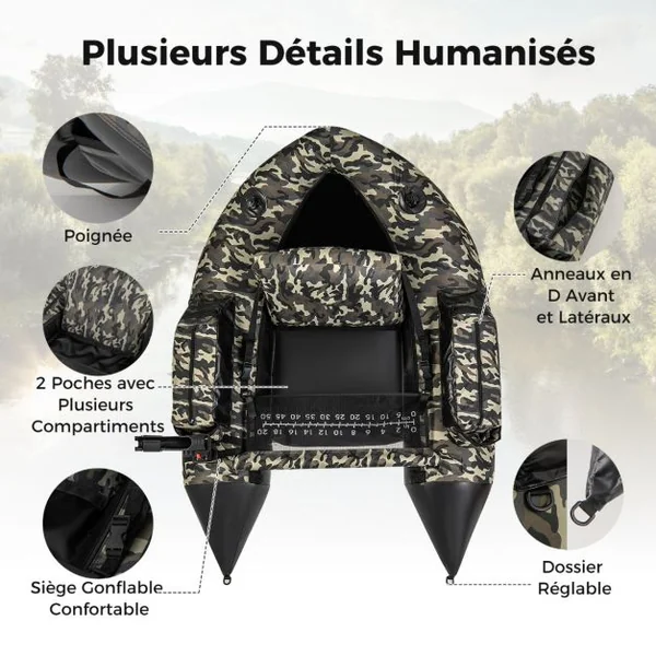 Bateau de Pêche Gonflable avec Dossier Pagaie&Règle à Poisson Support de Canne Poches de Rangement Palmes 150 KG Camouflage
