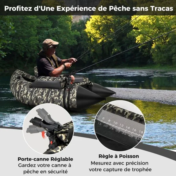 Bateau de Pêche Gonflable avec Dossier Pagaie&Règle à Poisson Support de Canne Poches de Rangement Palmes 150 KG Camouflage