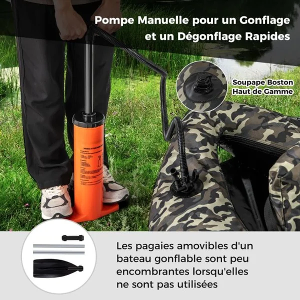 Bateau de Pêche Gonflable avec Dossier Pagaie&Règle à Poisson Support de Canne Poches de Rangement Palmes 150 KG Camouflage