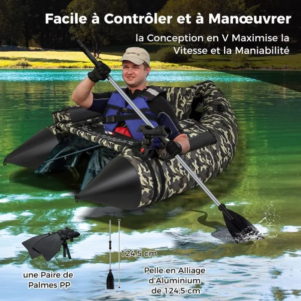 Bateau de Pêche Gonflable avec Dossier Pagaie&Règle à Poisson Support de Canne Poches de Rangement Palmes 150 KG Camouflage
