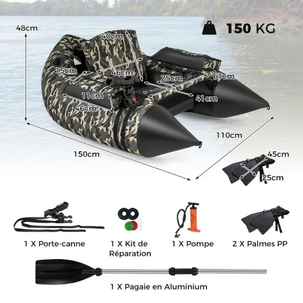 Bateau de Pêche Gonflable avec Dossier Pagaie&Règle à Poisson Support de Canne Poches de Rangement Palmes 150 KG Camouflage